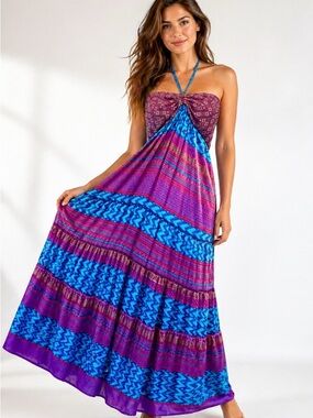 HALE BOB Alira Silk Maxi Halter Purple Turquoise Moroccan Tile Print Dress Sz L